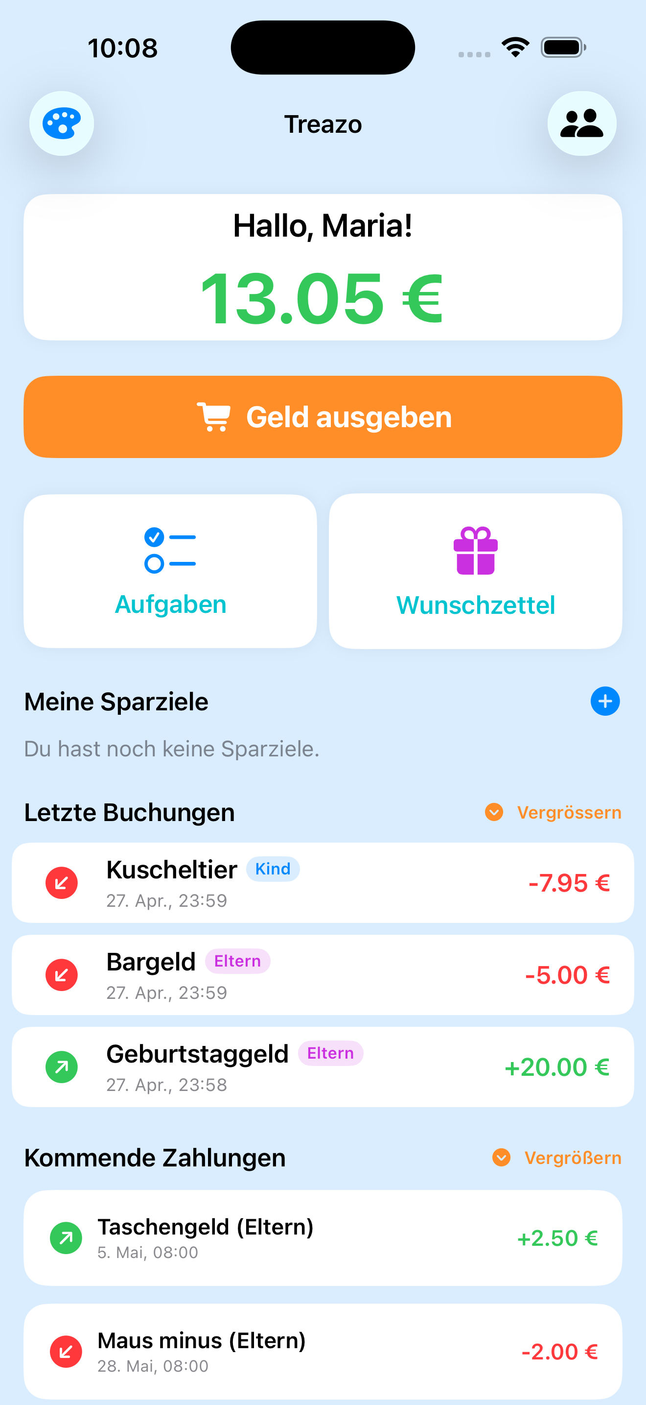 Treazo App Kinder-Ansicht
